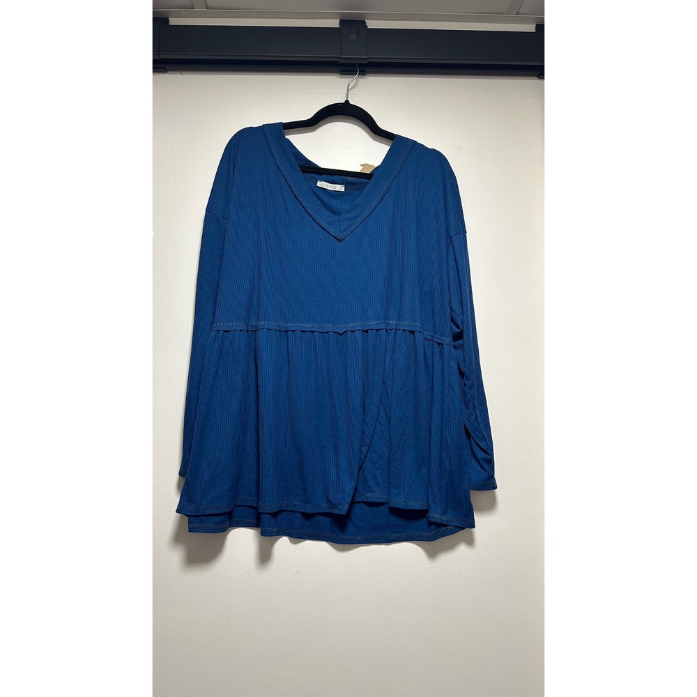 Veveret Royal Blue Ribbed Peplum Top Long Sleeve Scoop Neck Plus Size 2XL